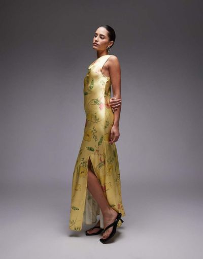 Topshop Topshop drape neck maxi dress in lime based floral-Green
