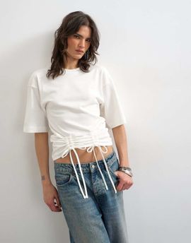 Topshop Topshop drawstring detail T-shirt in ivory-White
