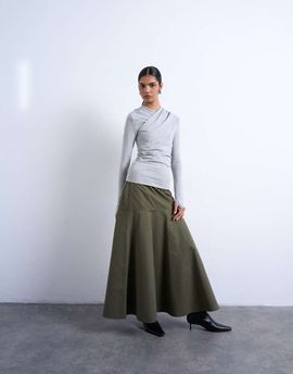 Topshop Topshop drop waist full circle maxi skirt in khaki-Green