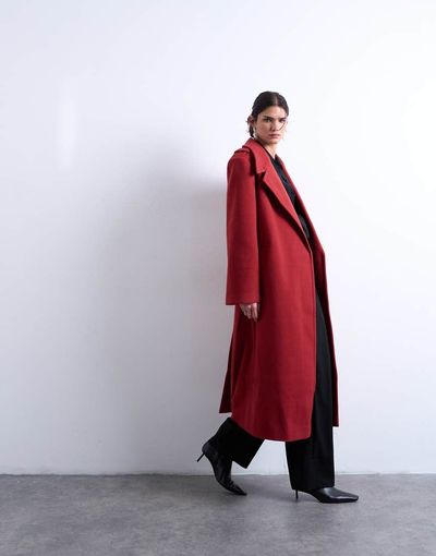 Topshop Topshop dropped belt longline formal coat in Helga red