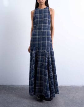 Topshop Topshop dropped waist full circle hem midi dress in navy plaid