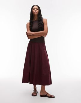 Topshop Topshop dropped waist spliced maxi skirt in burgundy-Red