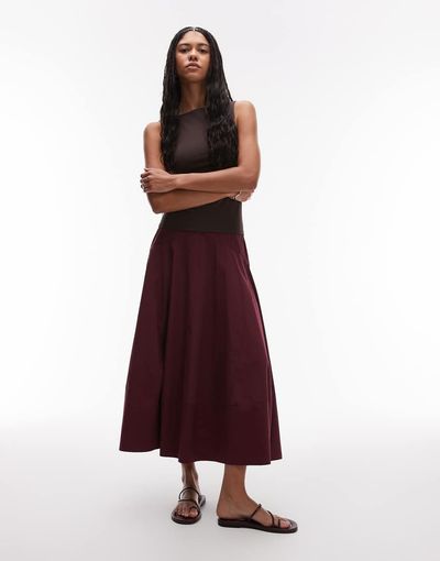 Topshop Topshop dropped waist spliced maxi skirt in burgundy-Red