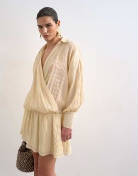 Topshop Topshop dropped waist wrap shirt dress in textured off white