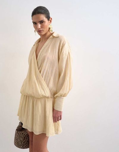 Topshop Topshop dropped waist wrap shirt dress in textured off white