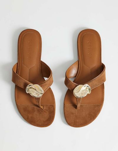 Topshop Topshop Eden toe thong sandals with hardware in tan faux suede-Brown