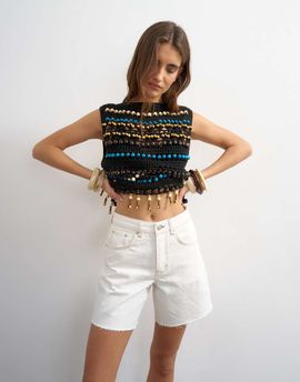 Topshop Topshop Editor denim shorts with raw hem in bone-White