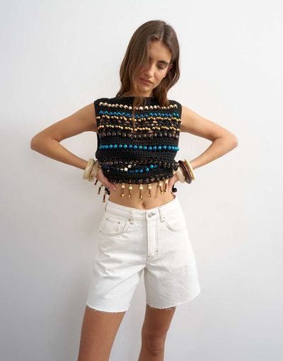 Topshop Topshop Editor denim shorts with raw hem in bone-White