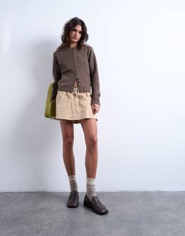 Topshop Topshop elasticized waist mini skort in beige-Neutral