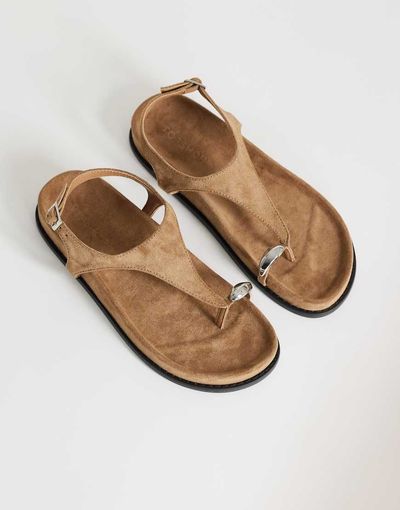 Topshop Topshop Elsie hardware footbed sandals in taupe faux suede-Green