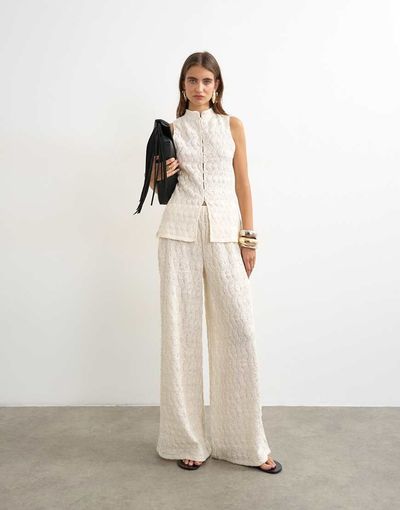 Topshop Topshop embroidered lace wide leg pants in cream - part of a set-White