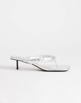 Topshop Topshop Emily pin mid heel woven toe thong sandals in silver