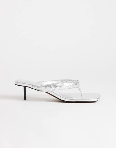 Topshop Topshop Emily pin mid heel woven toe thong sandals in silver