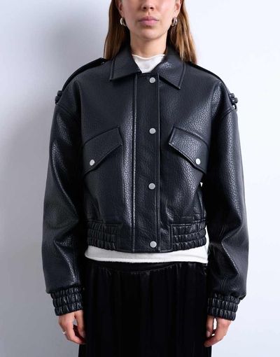 Topshop Topshop faux bubble leather 80s bomber jacket in black