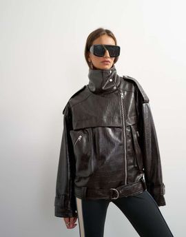 Topshop Topshop faux croc leather fold funnel moto jacket in chocolate-Brown