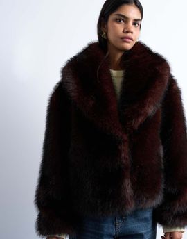 Topshop Topshop faux fur boxy shawl coat in dark burgundy-Red