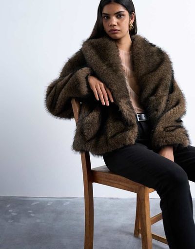 Topshop Topshop faux fur boxy shawl coat in mink-Neutral
