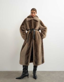 Topshop Topshop faux fur long line coat with faux leather belt in mocha-Brown