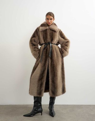 Topshop Topshop faux fur long line coat with faux leather belt in mocha-Brown