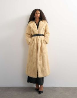 Topshop Topshop faux fur longline coat with faux leather belt in beige-Yellow