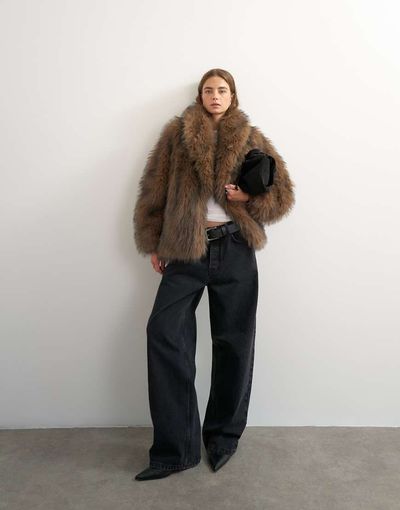 Topshop Topshop faux fur mid length shawl jacket in light brown