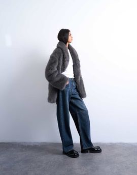 Topshop Topshop faux fur shawl mid-length coat in charcoal-Gray