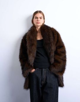 Topshop Topshop faux fur shawl mid length coat in chocolate-Brown