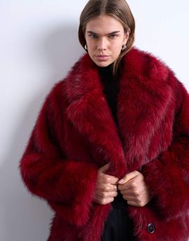 Topshop Topshop faux fur short jacket with buttons in cherry red
