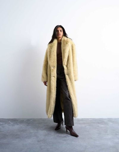 Topshop Topshop faux fur super long oversized shawl coat in buttermilk-Yellow