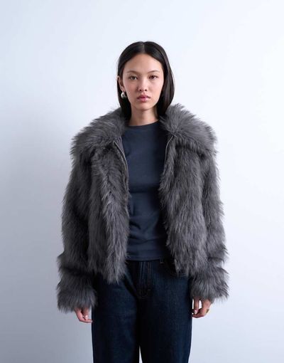 Topshop Topshop faux fur zip up bomber jacket in gray
