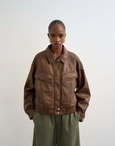 Topshop Topshop faux leather boxy zip up pocketed bomber jacket in washed brown
