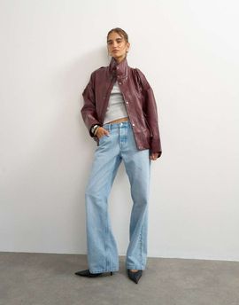 Topshop Topshop faux leather funnel neck drawstring bomber jacket in burgundy-Red