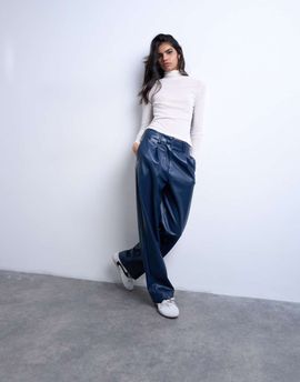 Topshop Topshop faux leather high rise pleated straight leg pants in navy