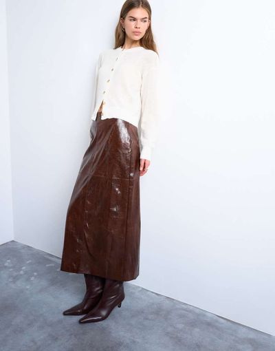 Topshop Topshop faux leather high shine midi skirt in brown