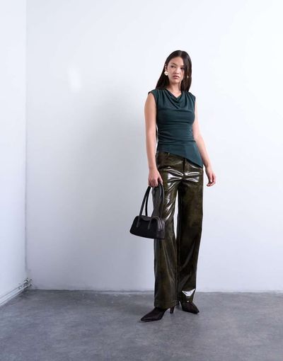 Topshop Topshop faux leather high shine scoop pocket wide leg pants in washed green
