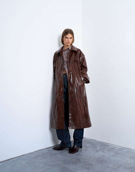 Topshop Topshop faux leather high shine trench coat in washed brown