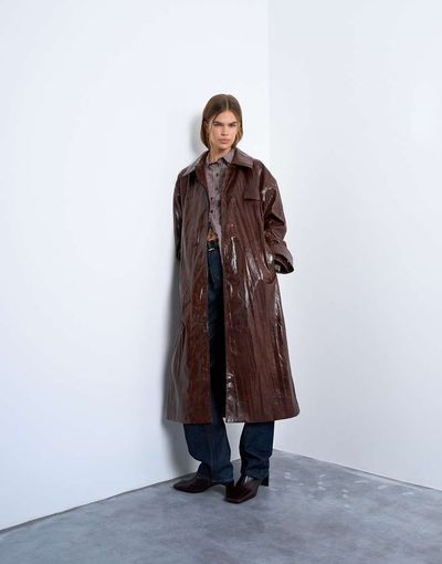 Topshop Topshop faux leather high shine trench coat in washed brown