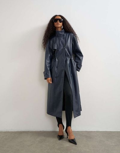 Topshop Faux Leather Longline Cinch Waist Trench Coat In Navy
