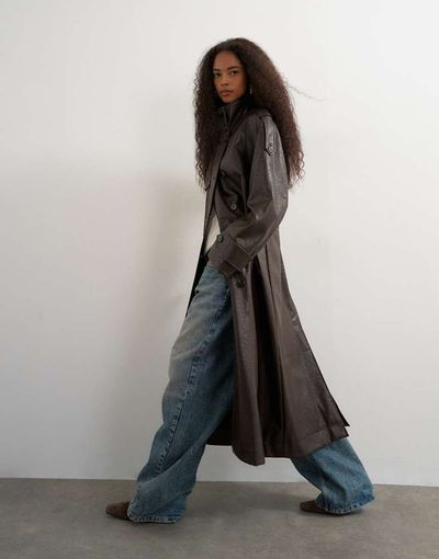 Topshop Faux Leather Longline Cinched Waist Trench Coat In Brown