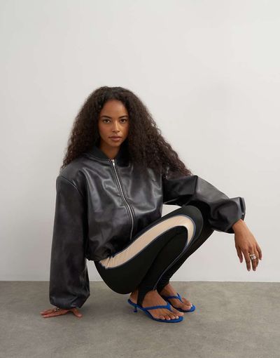 Topshop Topshop faux leather oversized zip up bomber jacket in washed black