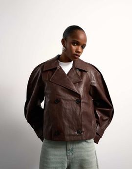Topshop Topshop faux leather ovoid sleeve short trench in brown