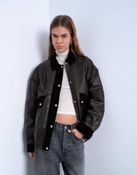Topshop Topshop faux leather patch pockets jacket with faux suede contrast in brown