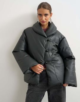 Topshop Topshop faux leather pillow scarf puffer jacket in black-Green