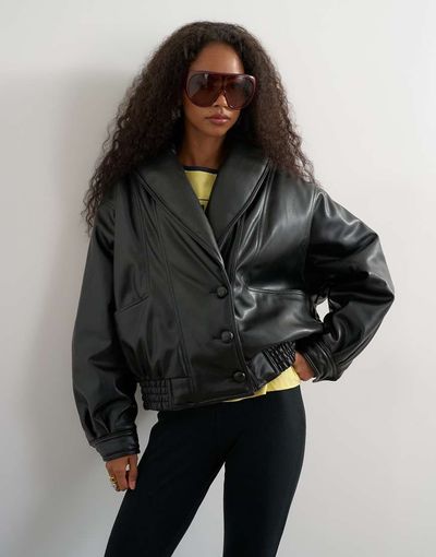 Topshop Topshop faux leather shawl collar bomber jacket in black