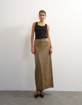 Topshop Topshop faux leather topstitch column maxi skirt in tan-NEUTRAL