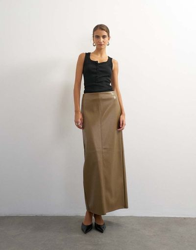 Topshop Topshop faux leather topstitch column maxi skirt in tan-NEUTRAL