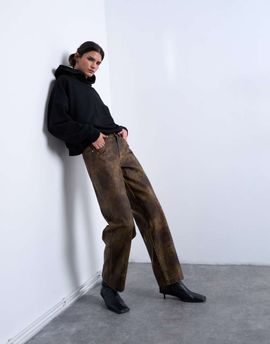 Topshop Topshop faux leather washed brown straight leg pants in brown