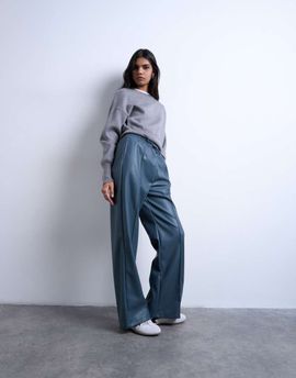 Topshop Topshop faux leather wide leg sweatpants with pinseam detail in blue-Green