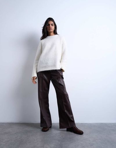 Topshop Topshop faux leather wide leg sweatpants with pinseam detail in chocolate-Brown
