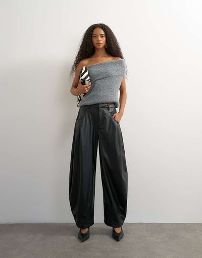 Topshop Topshop faux leather yoke detail barrel leg in black